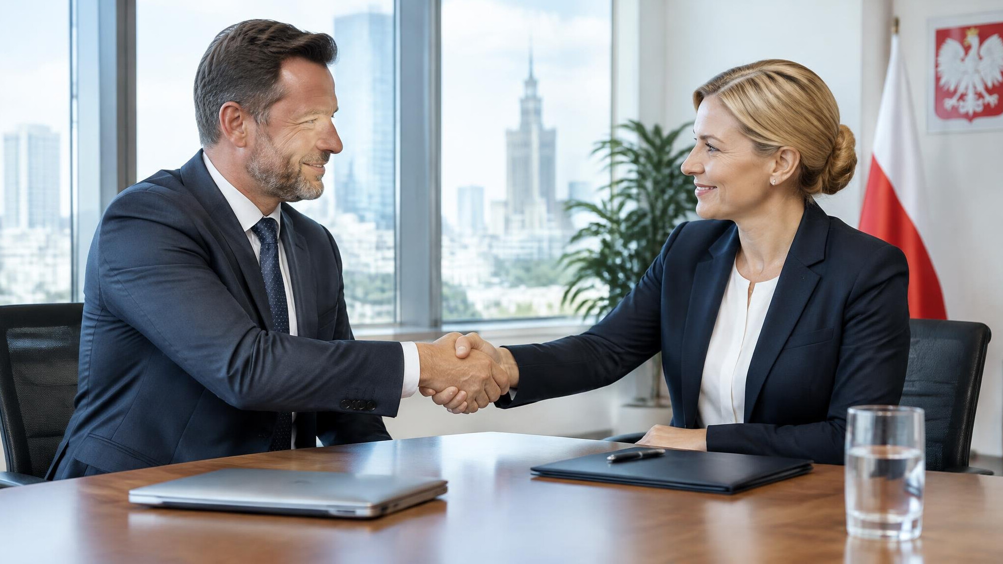 Two business professionals shaking hands after a successful negotiation meeting