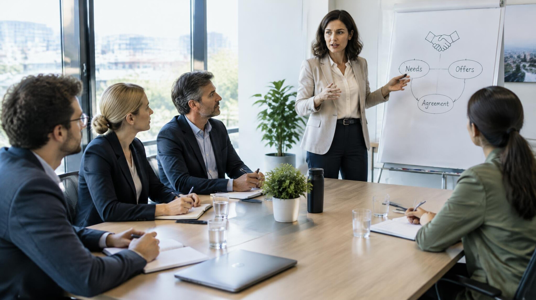 Trainer leading a negotiation workshop with a small group around a table