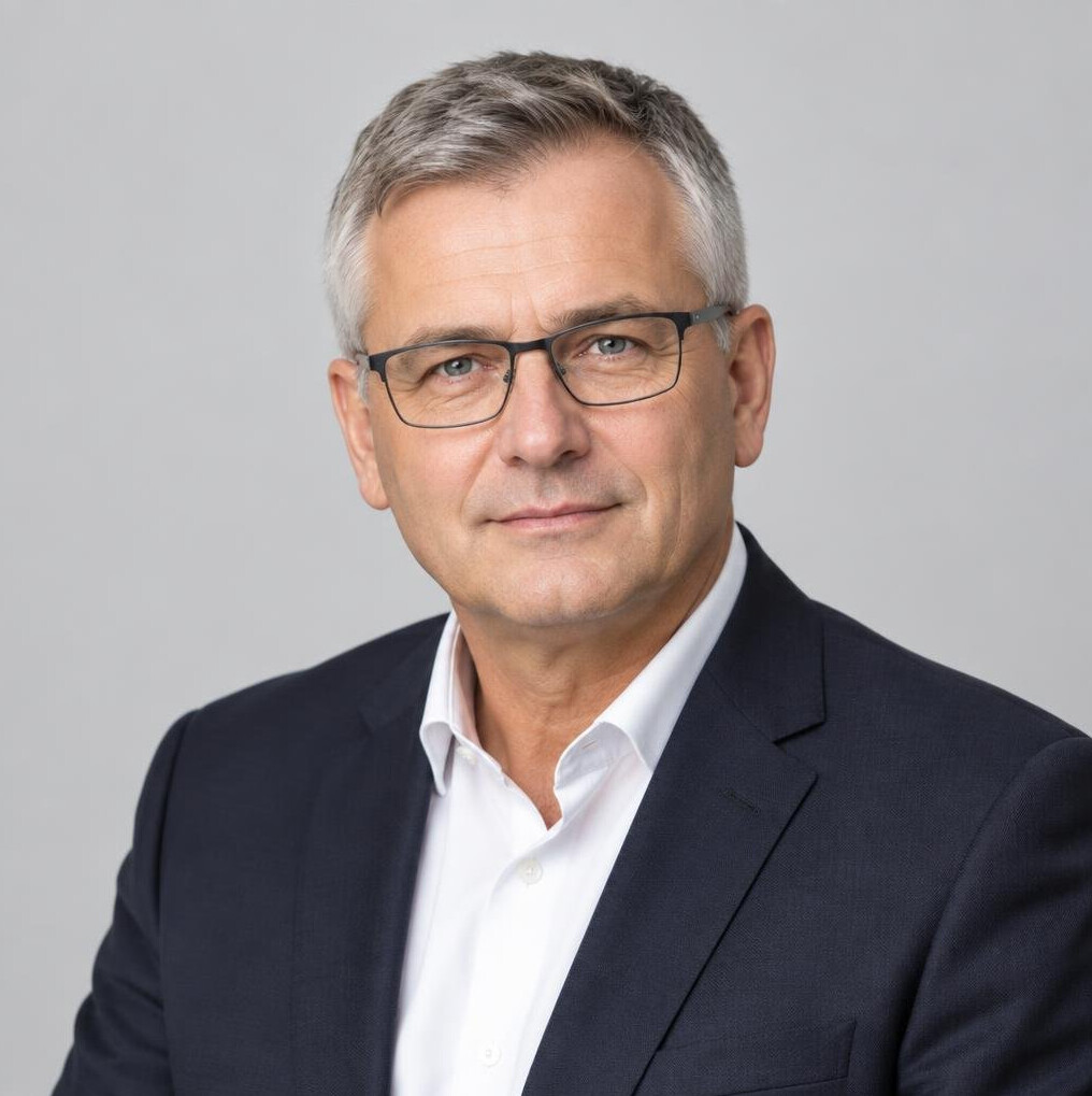 Studio portrait of a Polish man negotiation trainer in business attire